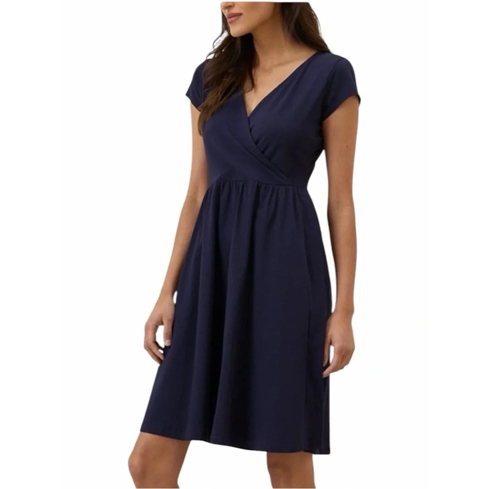 Pact Organic Cotton Fit & Flare Faux Wrap Dress Navy Size L Stretch Pockets